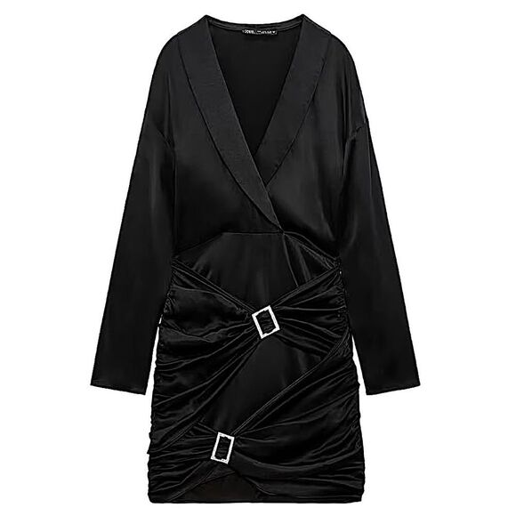 ZARA Dress Jewel Buckle Black Satin Size S BLOGGER FAVORITE• NEW WITH TAGS • - Picture 8 of 14